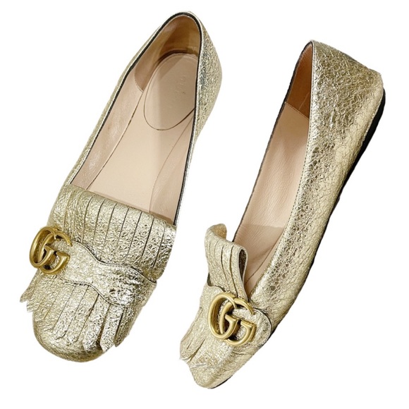 Gucci Shoes - Gucci Metallic Gold Foil Leather GG Marmont Fringe Detail Flats